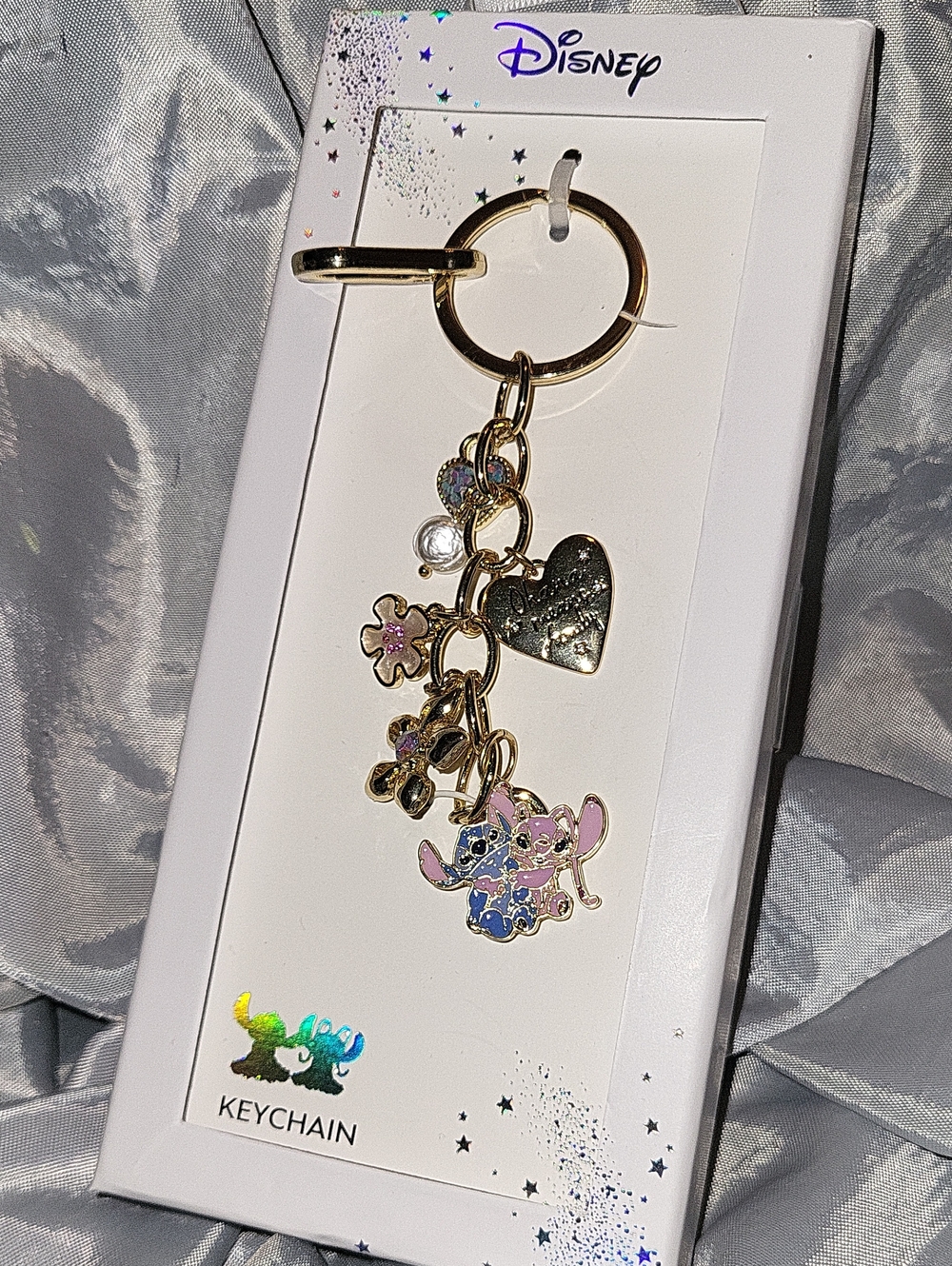 Disney Stitch And Angel Gold-tone Blue & Pink Stitch Charm Keychain TL